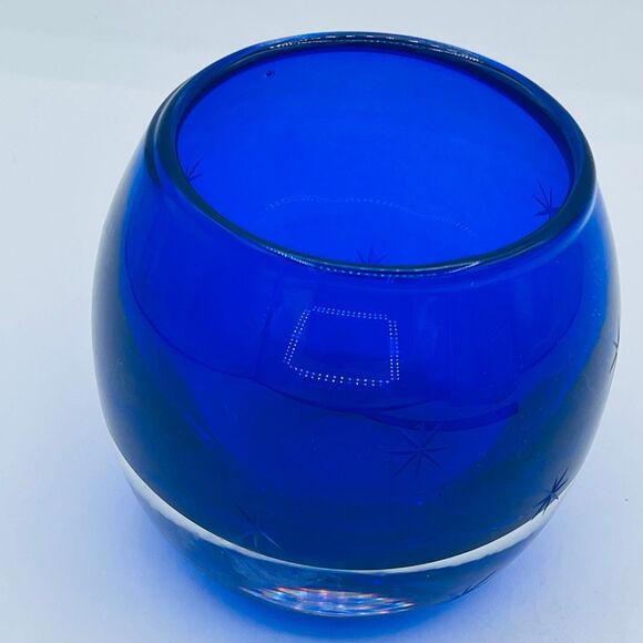 Cobalt Blue Starburst Etched Stars Glittery Glass Votive Candle Holder Poland - Picture 2 of 12